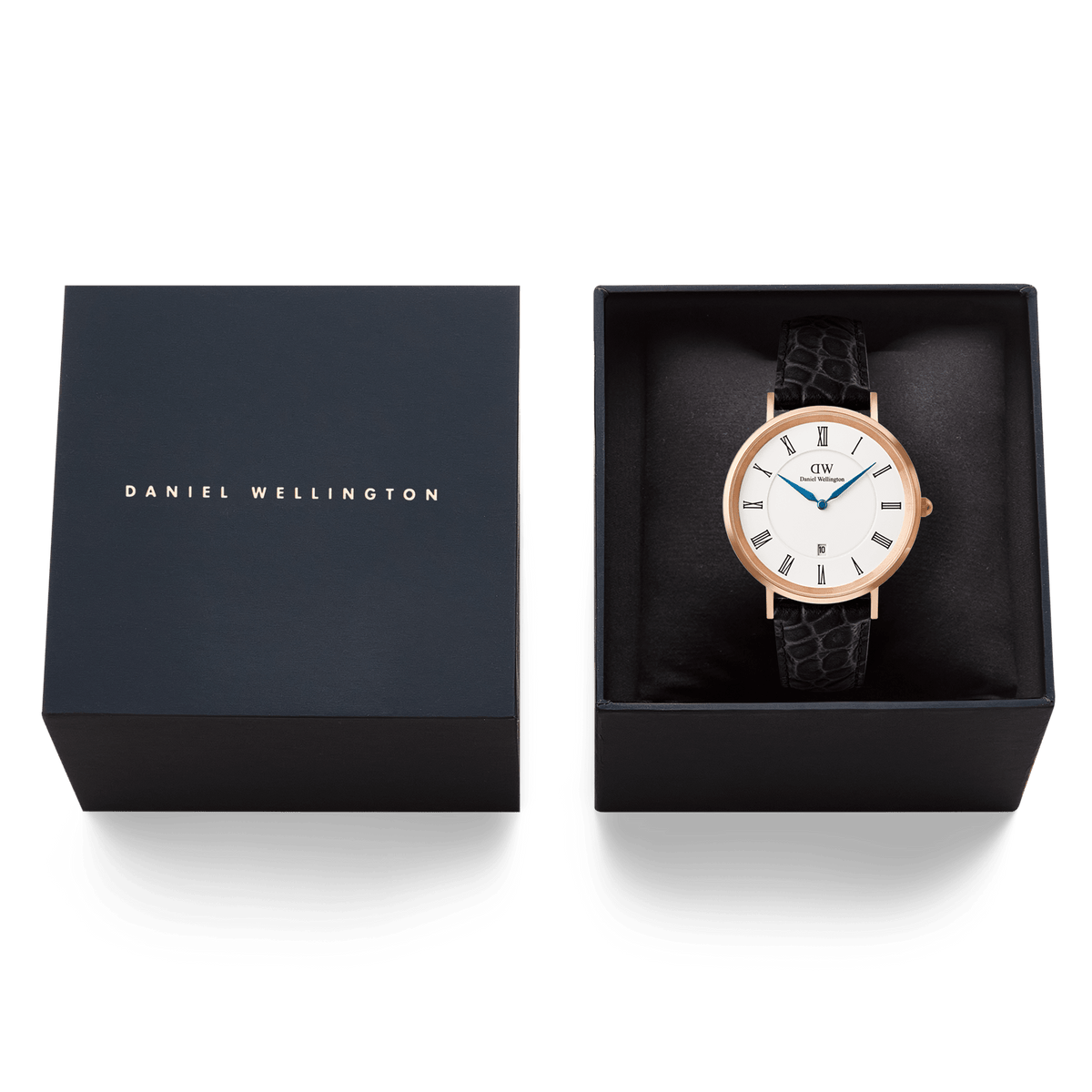 Classic Roman Numerals Date Black Croc Belly Rose Gold
