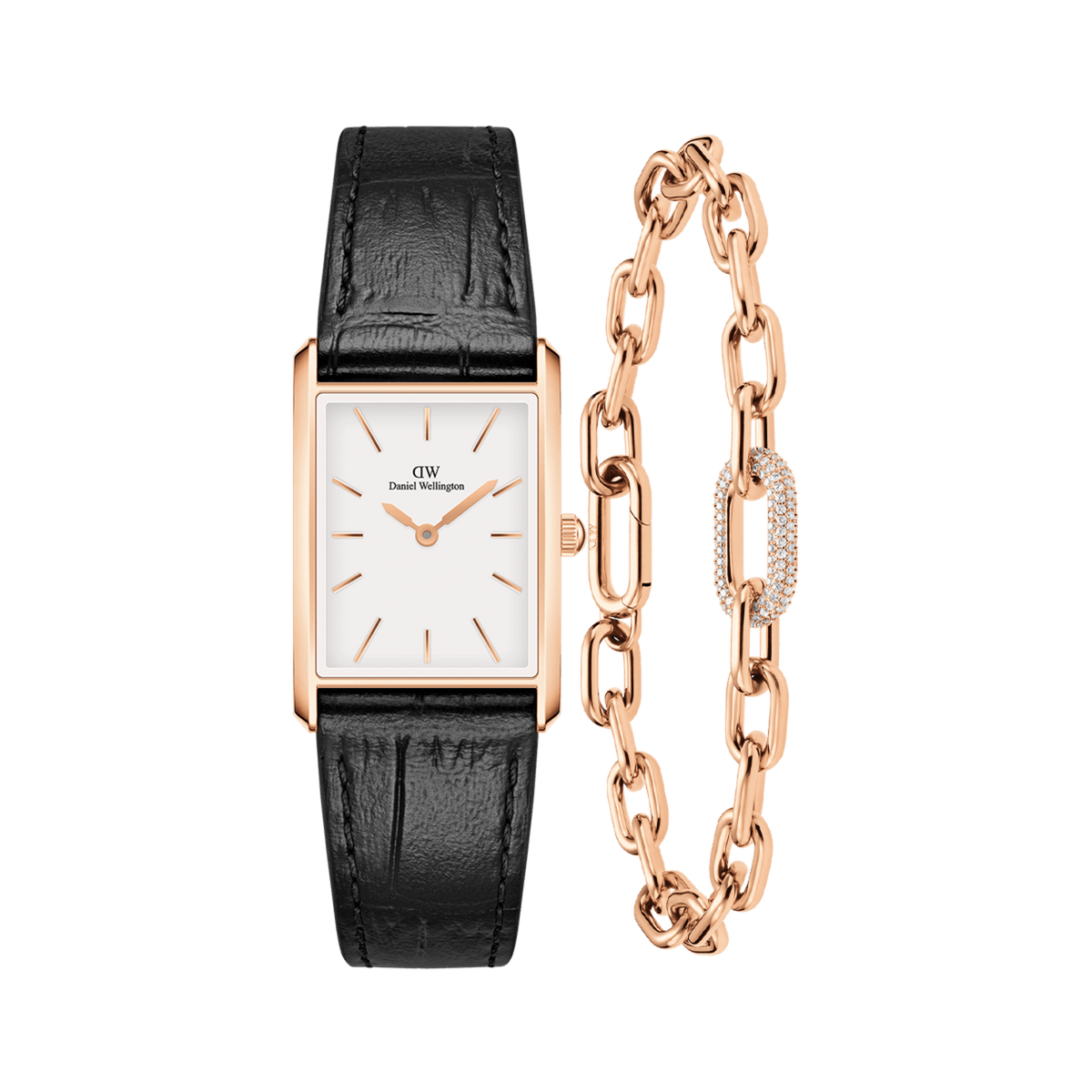 Bound Black Crocodile & Crystal Link Bracelet Rose Gold