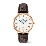 Classic Roman Numerals Date Dark Brown Croc Belly Rose Gold