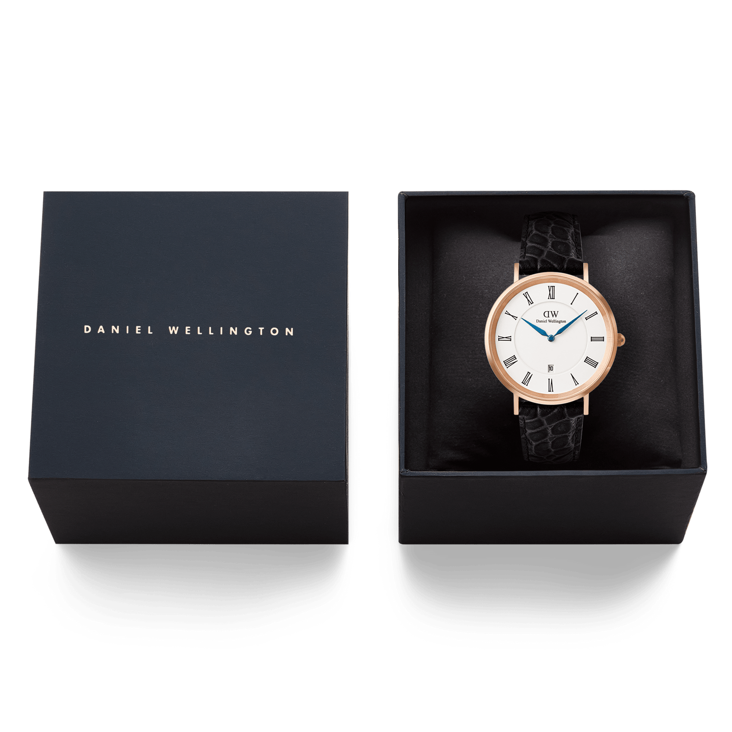 Classic Roman Numerals Date Black Croc Belly Rose Gold
